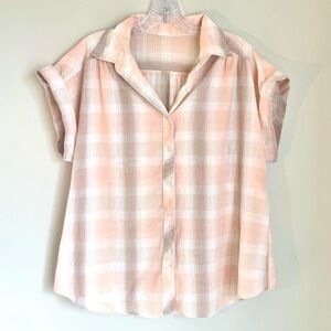 Soft Pink Plaid Women's button-up blouse Peachy Pink